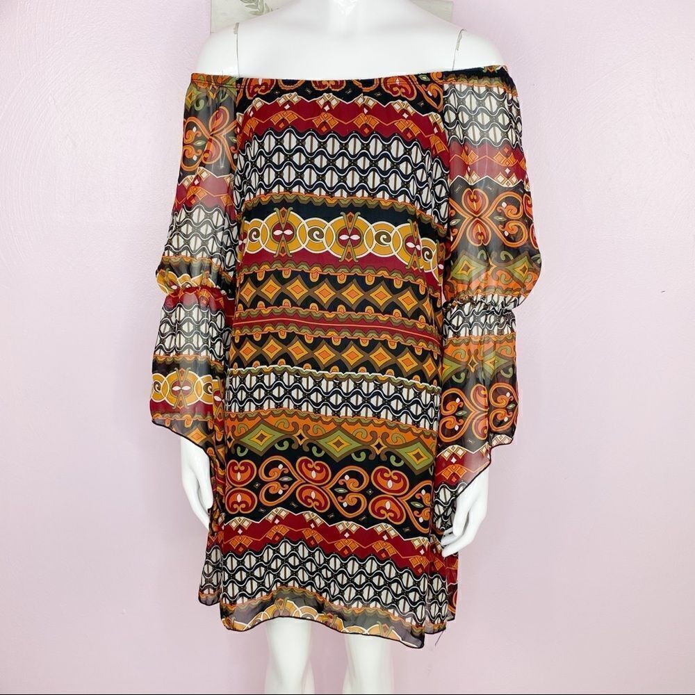 Voll Off The Shoulder‎ Multi Print Shift Dress Split Handkerchief Sleeve Small